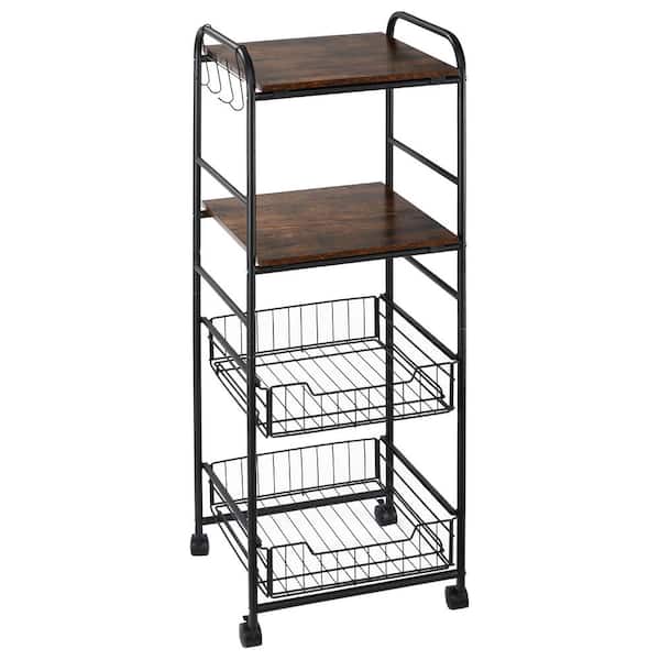 HOMCOM Rustic Brown Kitchen Cart with 2-Basket Drawers, Side Hooks