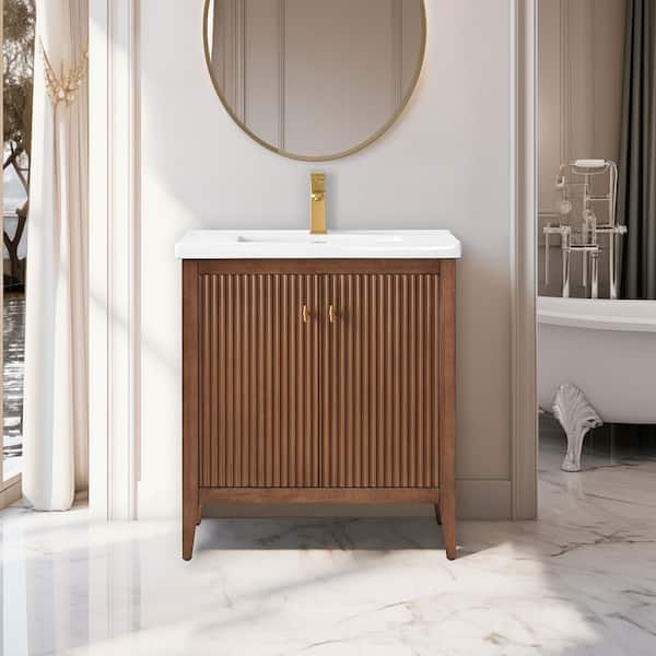 Vanity Art 30 in. W x 18.5 in D x 34 in. H Single Sink Bathroom Vanity Cabinet in Linear Walnut with Ceramic Top