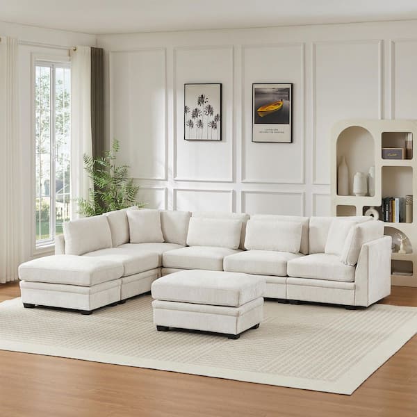 Gifford 120 in. Polyester Modular Sectional Sofa in. Begie with 2 Ottomans