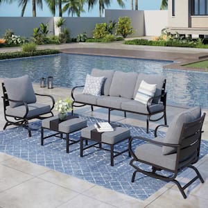 Black 5-Piece Metal Slatted 7-Seat Outdoor Patio Conversation Set with Gray Cushions, 2 Rocking Chairs, 2 Ottomans