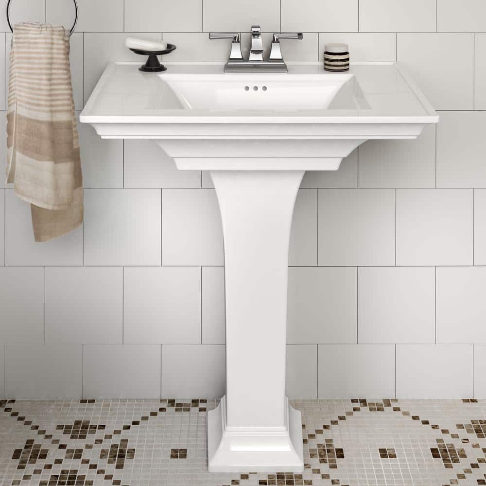 White Ceramic Rectangular Pedestal Bathroom Sink with Overflow