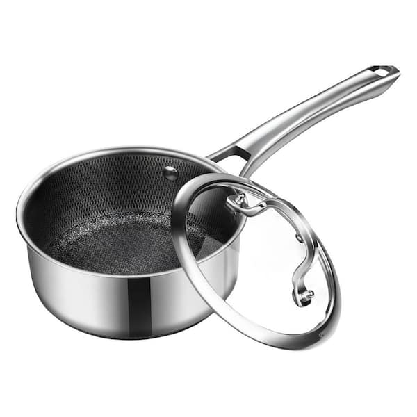 1.5 qt. Stainless Steel Hybrid Nonstick Sauce Pan with Lid, Tri-Ply, Induction Compatible, PFOA Free