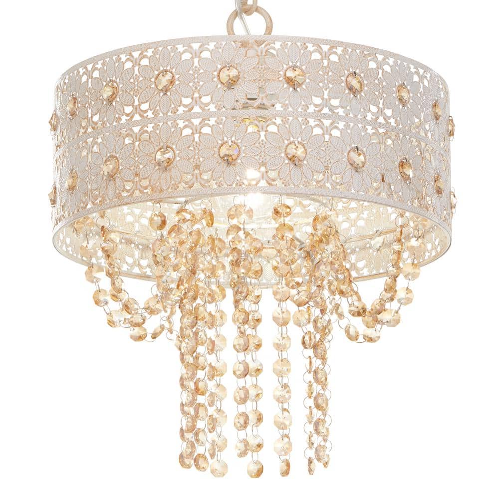 Gold Crystal Drum Pendant Light with Floral Design
