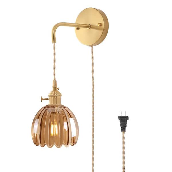 Ahfiwaso Retro 4.72 in. 1-Light Gold Plug-in Vintage Smart Home Wall Sconce with Tulip Amber Glass Shade
