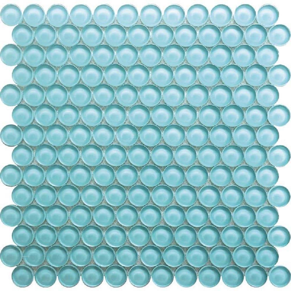 Sky Blue Penny Round Polished Glass Mosaic Tile 12'' x 12''