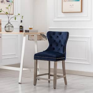 Harper 24in. High Back Nail Head Trim Button Tufted Navy Blue Velvet Counter Stool with Solid Wood Frame in Antique Gray