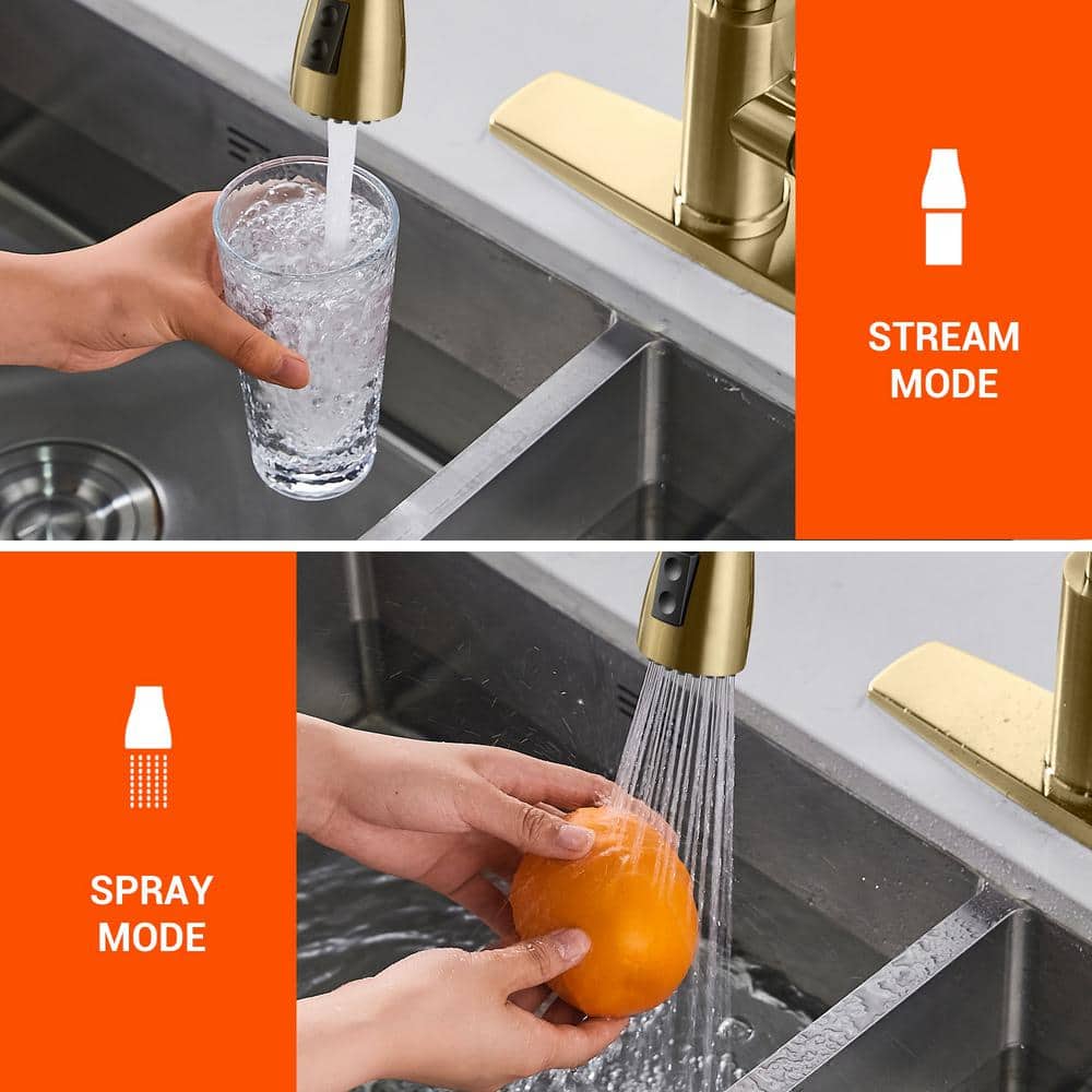Brushed Gold Stainless Steel Pull Down Kitchen Faucet with Soap Dispenser