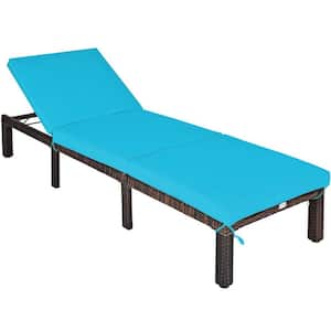 77.5 in. L PE Wicker Steel Patio Outdoor Chaise Lounge with Turquoise Cushions