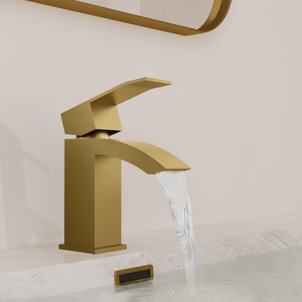 Modern Single-Handle Single Hole Waterfall Bathroom Sink Faucet with Pop-Up Drain in Brushed Gold