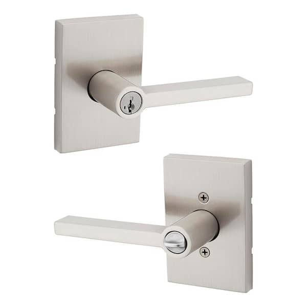 Kwikset Halifax Rectangle Rose Satin Nickel Keyed Entry Door Handle Featuring SmartKey Technology with Microban