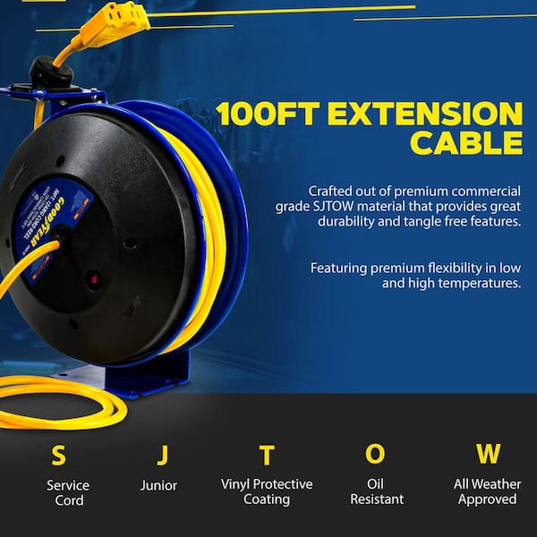 100 ft. 14/3 13 Amp Retractable Extension Cord Reel with 3-Grounded Outlets and Tri-Tap End
