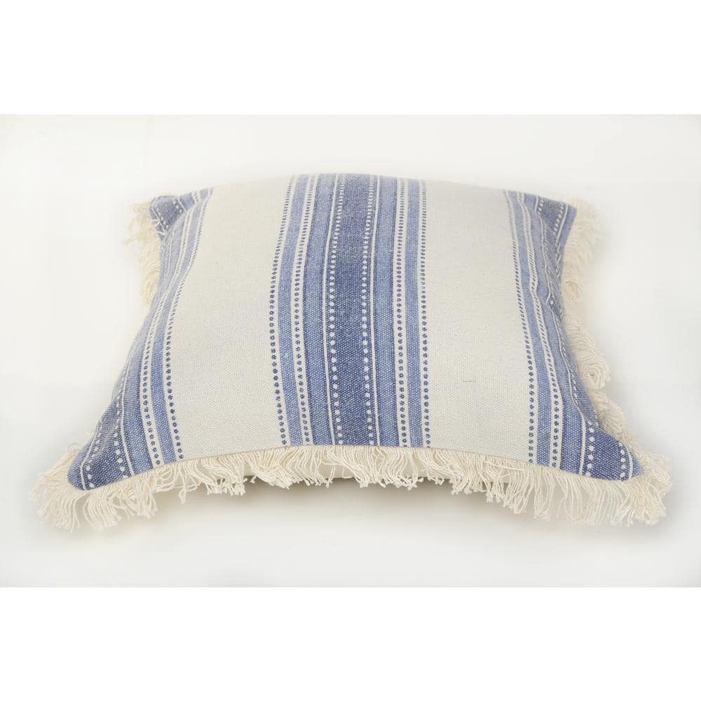 Blue and White Coastal Cotton Striped Square Throw Pillow