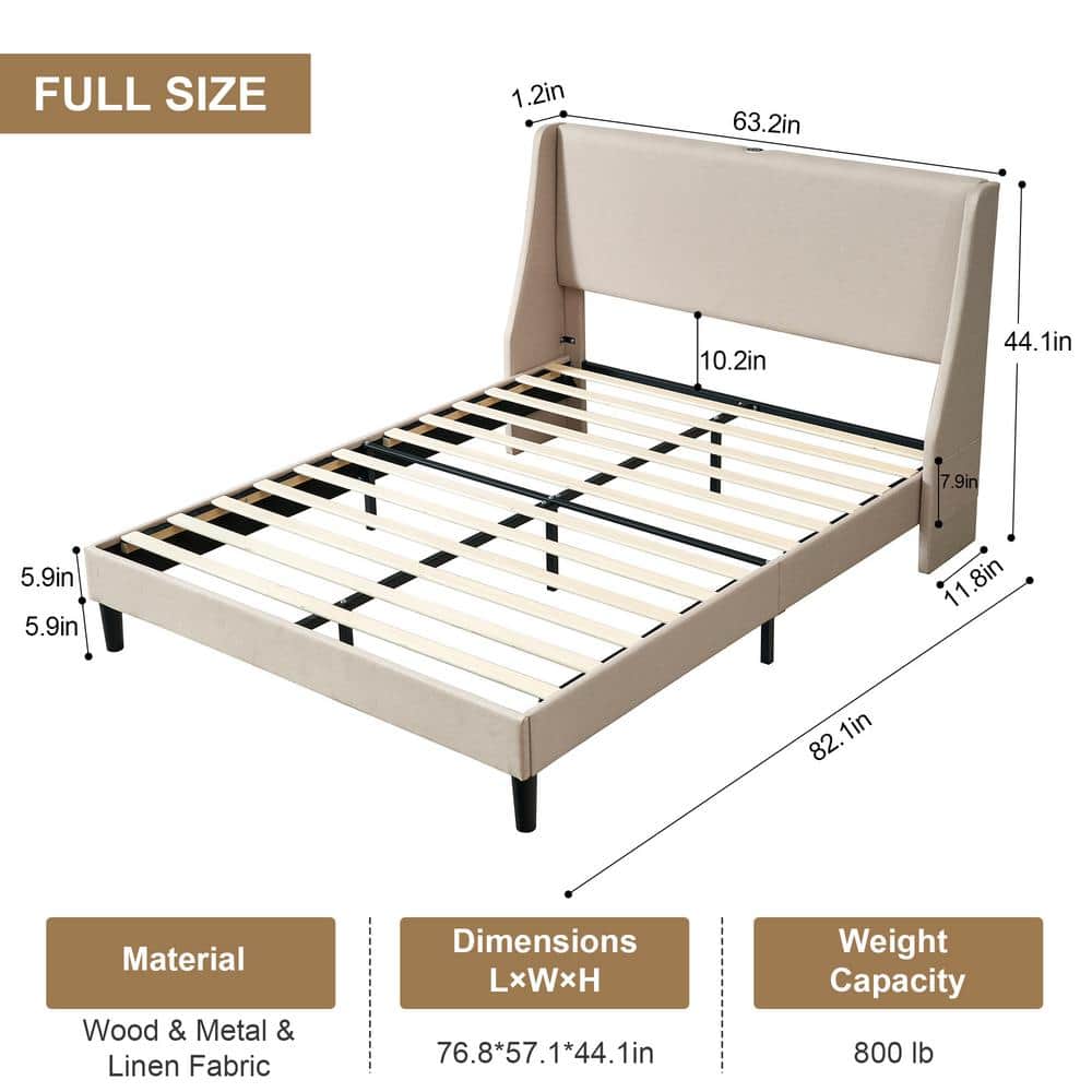 Upholstered Bed Frame with Headboard and Wingback, Beige Queen Size Bed Frame, Platform Bed with USB, and Type-C Ports - thumbnail 10