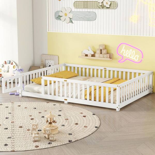 ANBAZAR White Pine Queen Size Floor Kids Bed with Safety GuardRails and Door