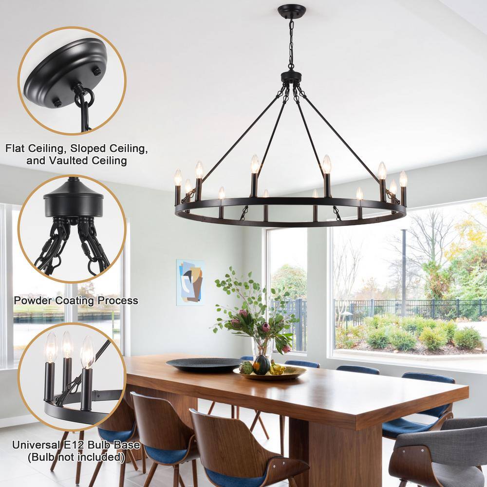 Matte Black 12-Light Candle Wagon Wheel Chandelier