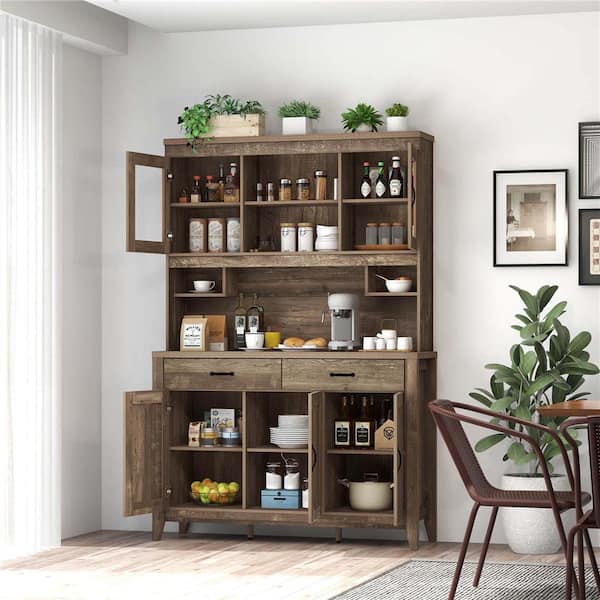 14-Shelf Brown Feature Kitchen Pantry Cabinet with Microwave Countertop Double Glass Doors 2 Drawers
