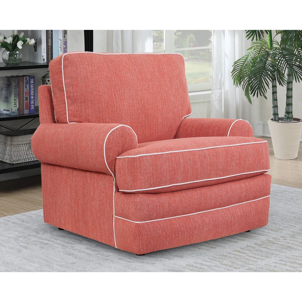 Coral Upholstered Armchair with Ivory Contrast Welt