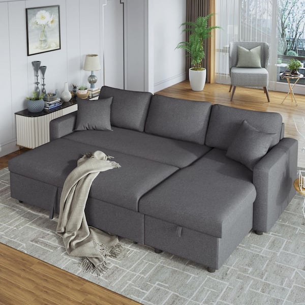 Harper & Bright Designs 87.4 in. Square Arm Linen Upholstered L-Shape Sofa in Gray with Storage Seat, 2 Tossing Cushions, Twin Sleeper