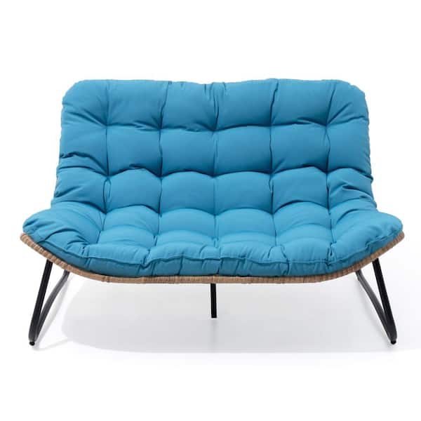 Crestlive Products Pattened Metal Double Papasan Outdoor Loveseat with Blue Cushion