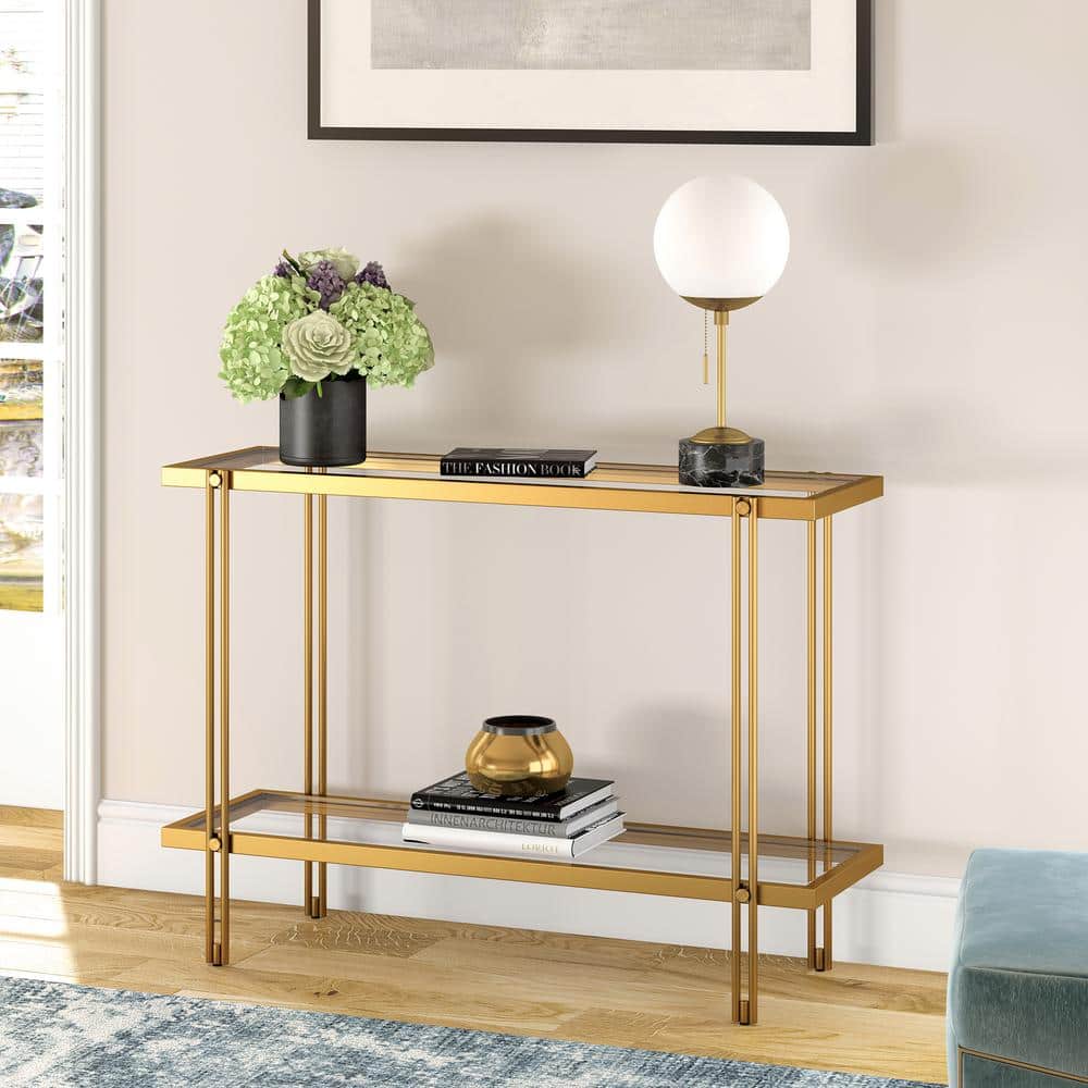 Modern Brass Finish Metal Console Table with Glass Shelf