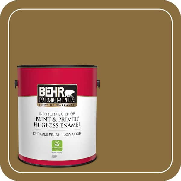 BEHR PREMIUM PLUS 1 Gal. #S310-7A Vintage Brass Hi-Gloss Enamel Interior/Exterior Paint and Primer
