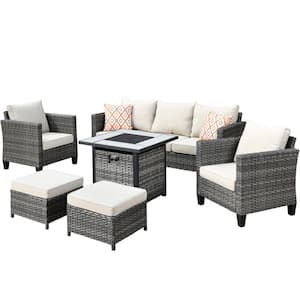 Megon Holly 6-Piece Wicker Outdoor Patio Fire Pit Seating Sofa Set with Beige Cushions
