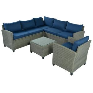 Grey 5-Piece Rattan Patio Furniture Set with Coffee Table, Blue Cushions and Single Chair