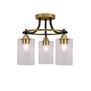 Madison 14.25 in. 3-Light Matte Black and Brass Semi-Flush Mount with Clear Bubble Glass Shade