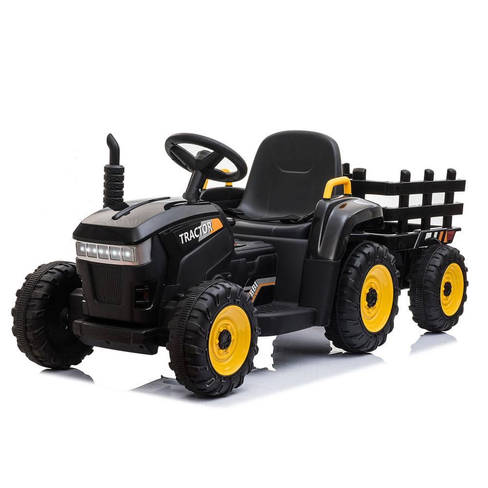 TOBBI 12-Volt Kids Ride On Tractor Electric Car Battery Powered Truck with Trailer/LED Lights/Music/Horn and Bluetooth, Black, Blacks -  TH17R0492