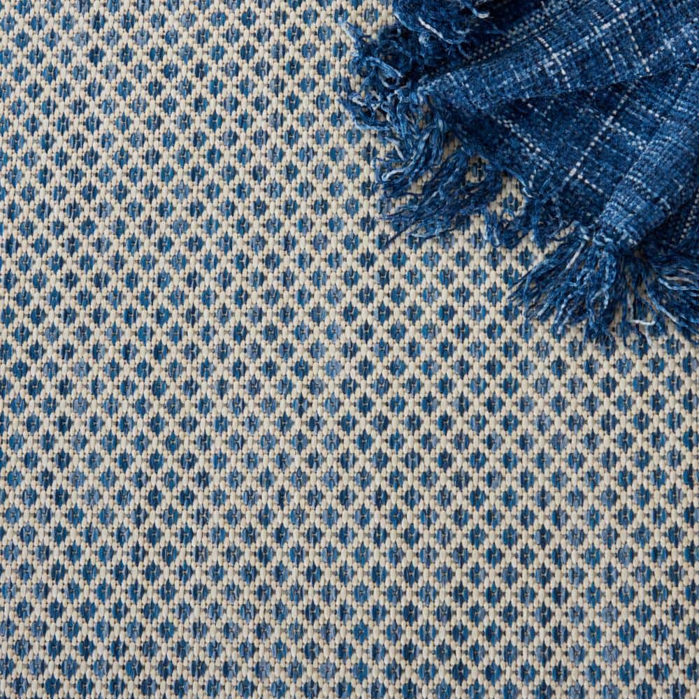 Courtyard Geometric Ivory Blue 10' x 14' Easy-Care Area Rug