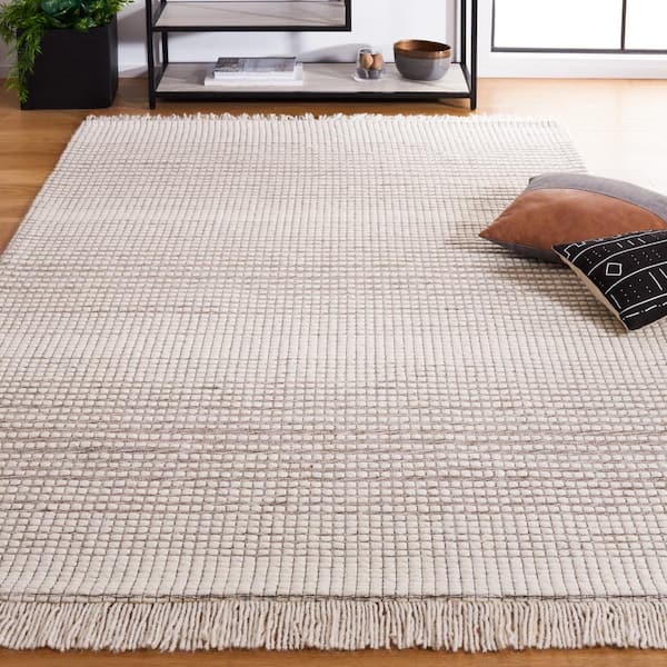 Marbella Ivory Dark Brown 5 ft. X 8 ft. Border Plaid Area Rug