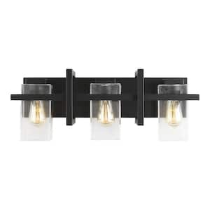 Mitte 24 in. 3-Light Matte Black Industrial Transitional Bathroom Vanity Light with Clear Glass Shade Panels