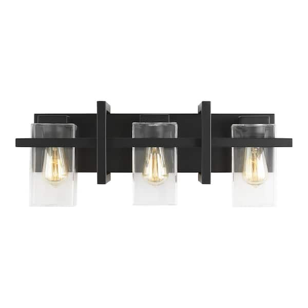 Mitte 24 in. 3-Light Matte Black Industrial Transitional Bathroom Vanity Light with Clear Glass Shade Panels