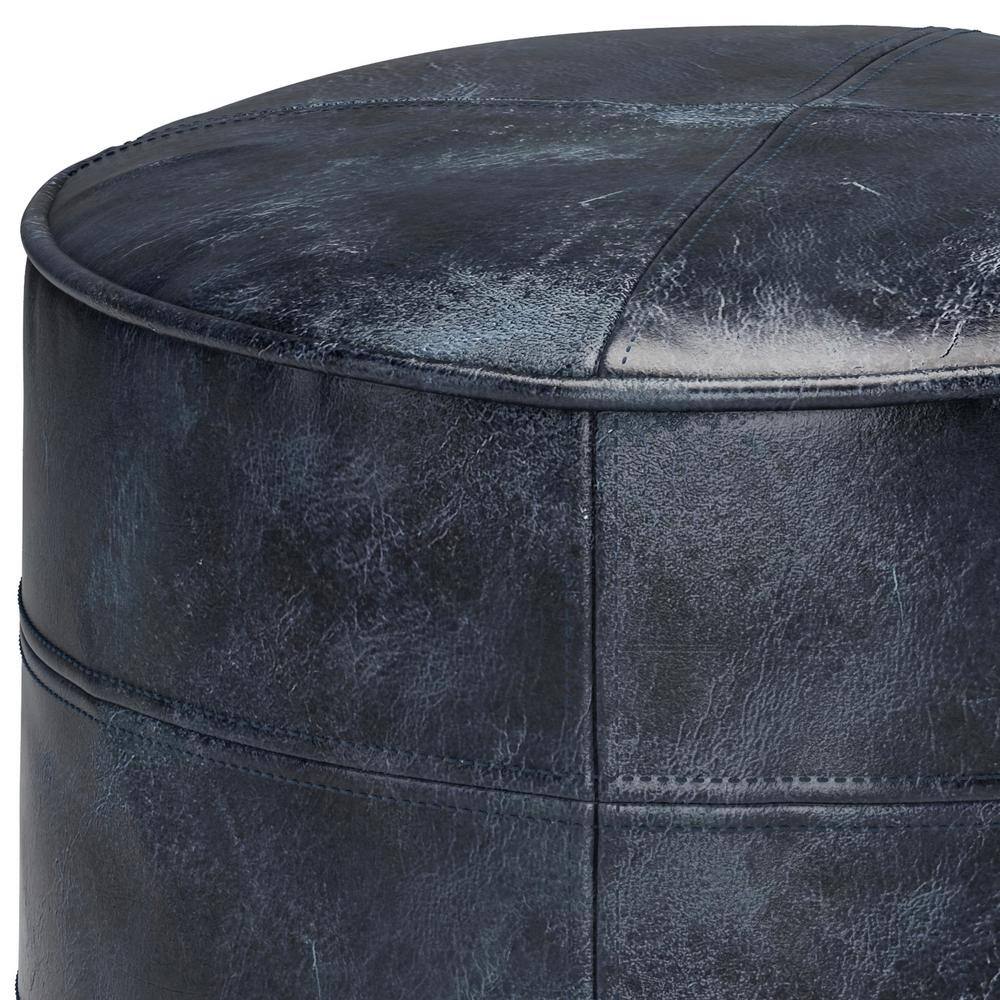 Connor Distressed Navy Blue Genuine Leather Round Pouf