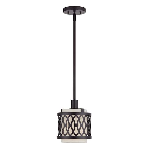 Vistaview 1-Light English Bronze Mini Pendant with Oatmeal Fabric Shade