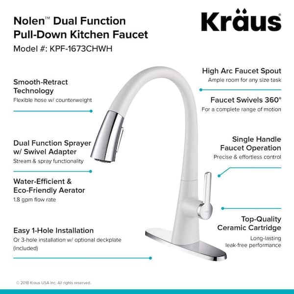 Kraus Nolen Chrome/White 1-Handle Deck-Mount Pull-Down Handle Kitchen Faucet (Deck Plate Included) Kraus Nolen Chrome/White 1-Handle Deck-Mount Pull-Down Handle Kitchen Faucet (Deck Plate Included)