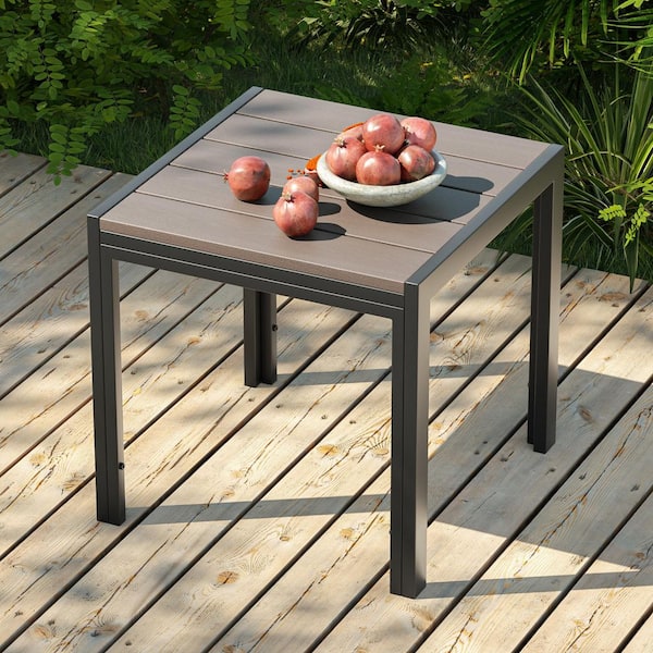Patio Square Outdoor Side Table Metal Frame Wood Grain Top Modern Industrial Style in Brown
