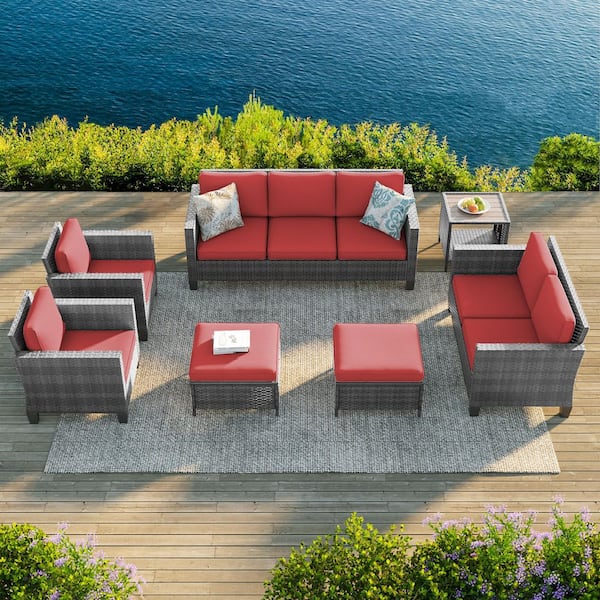 7-Pieces Patio Conversation Set with Side Table, Loveseat Sofa and Ottomans Gray Wicker with Rust Red Cushions