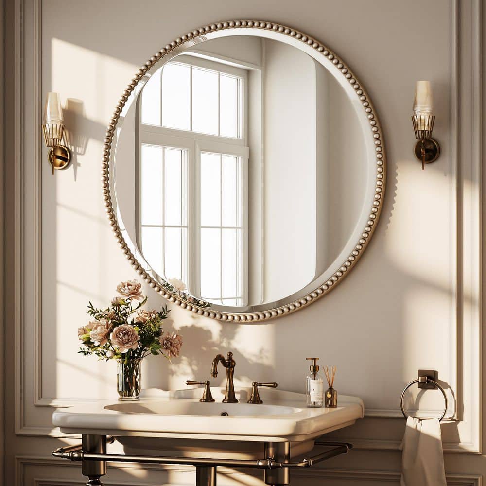 28 in. W x 28 in. H Round Polyurethane Framed Antique Silver Wall Bathroom Vanity Mirror price history on PriceWatchPro