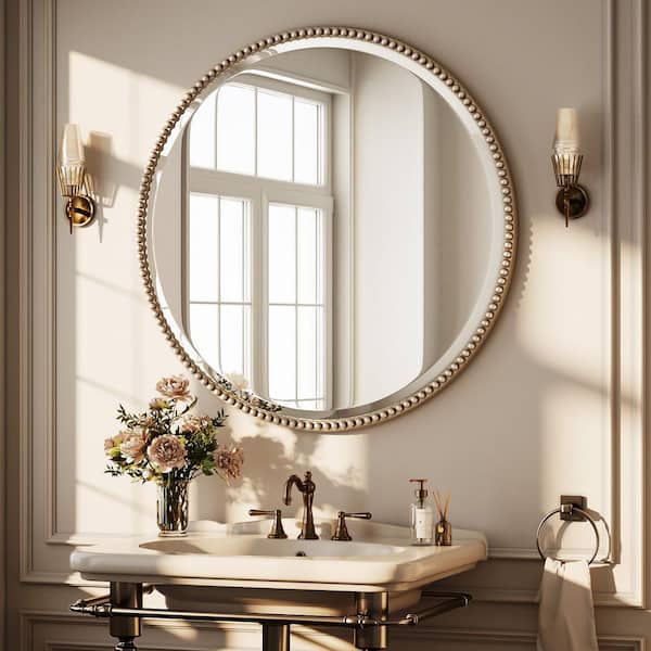 32 in. W x 32 in. H Round Polyurethane Framed Antique Silver Wall Bathroom Vanity Mirror