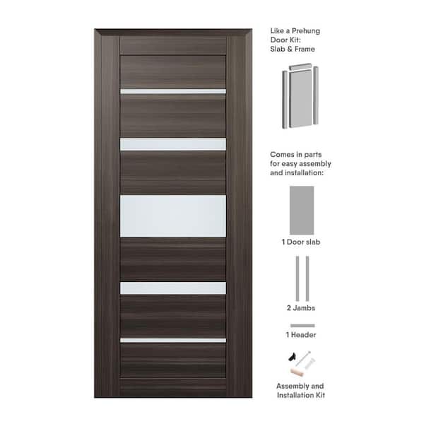 32 in. x 84 in. Kina Right-Hand Solid Core 5-Lite Frosted Glass Gray Oak Wood Composite Single Prehung Interior Door