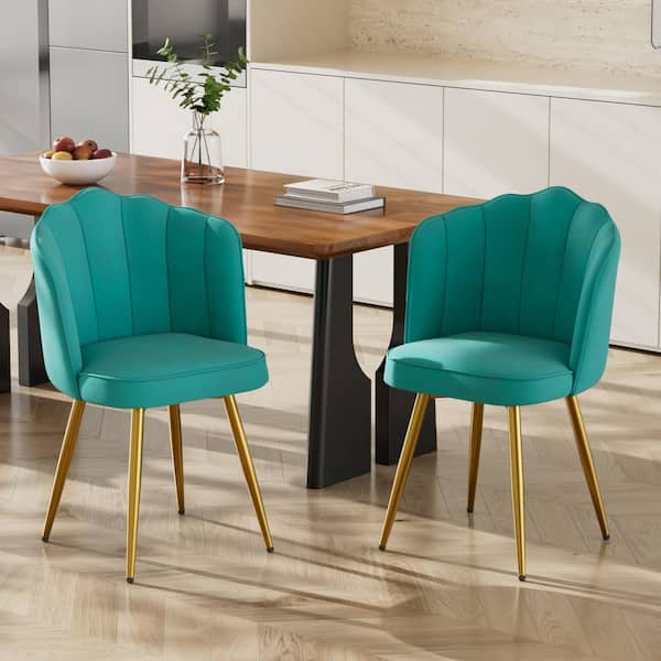 Teal Velvet Dining Chairs (Set of 2), Shell Back Green Accent Chair with Gold Legs for Dining Room Kitchen