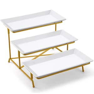 12 in. Porcelain 3-Tier Rectangular Serving Tray Set with Collapsible Sturdier Stand and Cross Bars, Gold and White