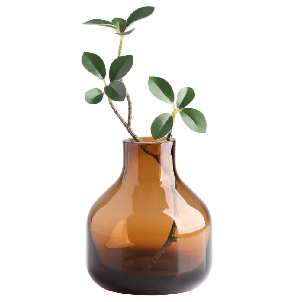 Tall Unique Flower Vase 5 in. Clear Brown Round Art Handmade Bottle