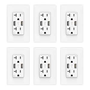 4 Amp USB Dual Type A In-Wall Charger with 20 Amp Duplex Tamper Resistant Outlet, Wall Plate Included, White(6-Pack)