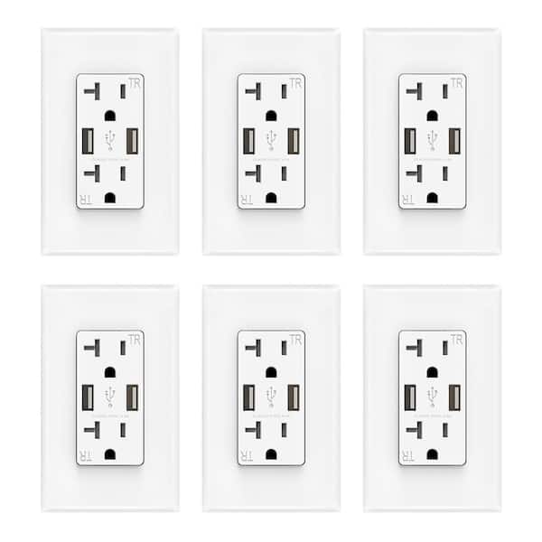 ELEGRP 4 Amp USB Dual Type A In-Wall Charger with 20 Amp Duplex Tamper Resistant Outlet, Wall Plate Included, White(6-Pack)