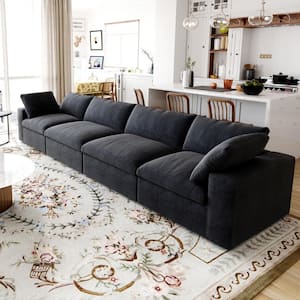 157 in. Square Arm 4-Piece Linen Modular Sectional Sofa Cloud Couch in Black