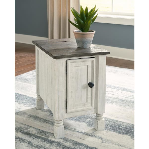 Signature Design By Ashley Havalance 16 in. White/Gray Rectangle Wood Chairside End Table with USB Ports and Outlets