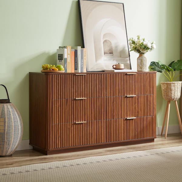 Walnut 6 Drawer 55.12 in. Wide Dresser with Fluted Front Panel for Bedroom, Living Room, Hallway and Entryway