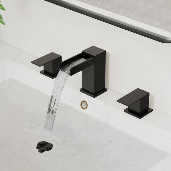 8 in. Widespread Double Handle Waterfall Bathroom Sink Faucet with Pop-up Drain in Matte Black (1-Pack)